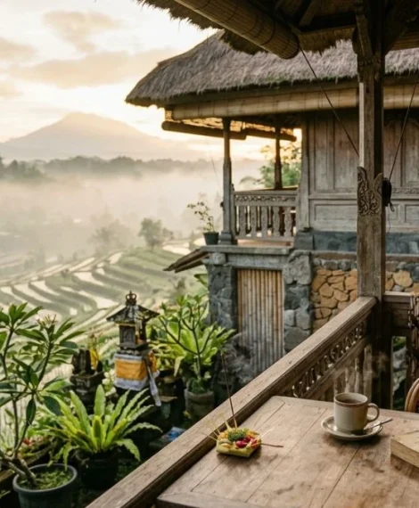 Best areas to stay in Bali for slow travel — traditional guesthouse veranda overlooking rice field valley in morning mist.